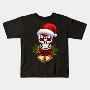 Christmas Santa Hat Day Of The Dead Sugar Skull Kids T-Shirt